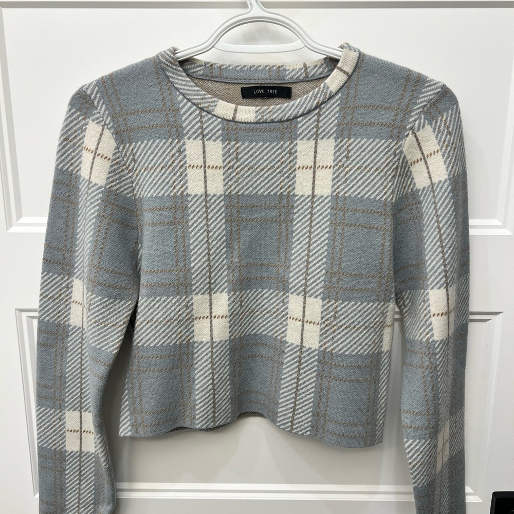 Love Tree Blue and Cream Checkered Top